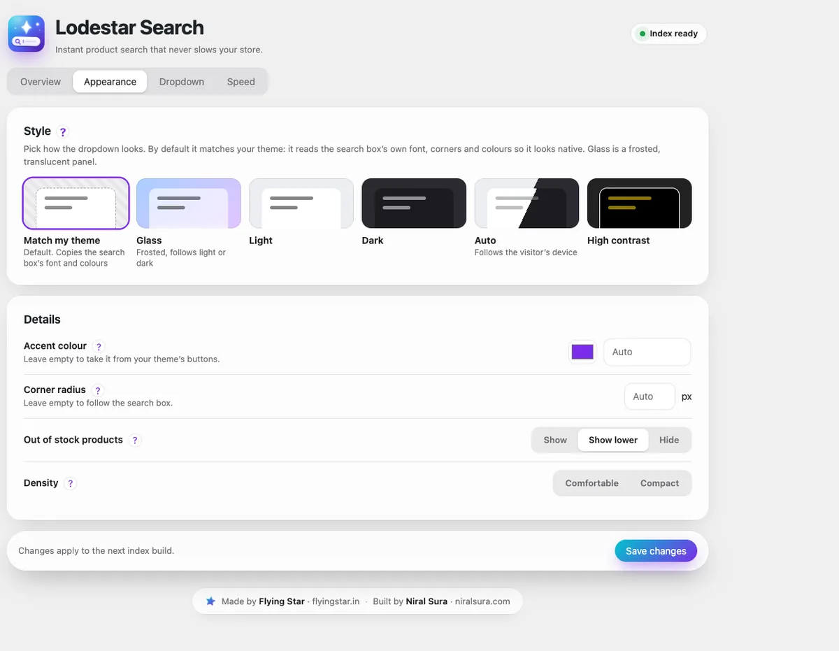 Lodestar Search appearance settings with theme matching and style presets