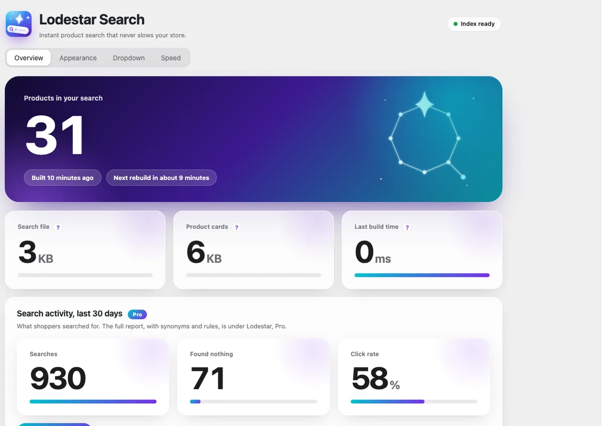 Lodestar Search overview with the size of the search file and last build time