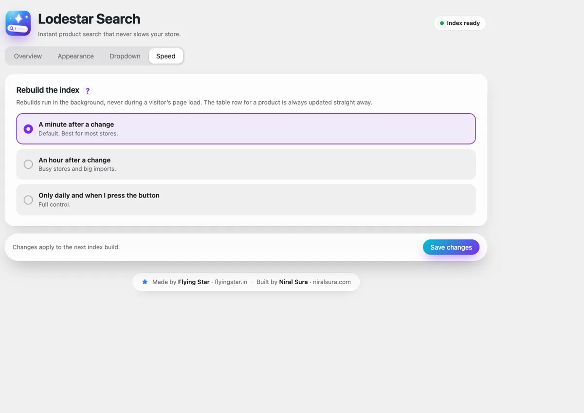 Lodestar Search speed settings for when the index rebuilds