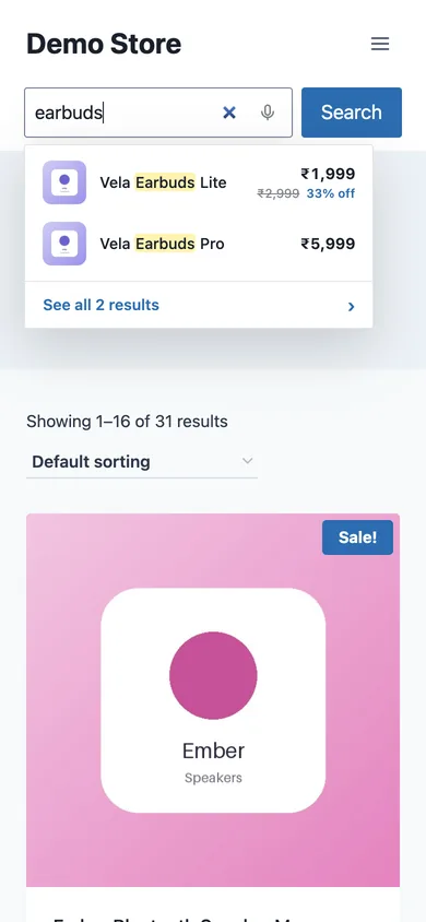 WooCommerce instant search dropdown on a phone screen