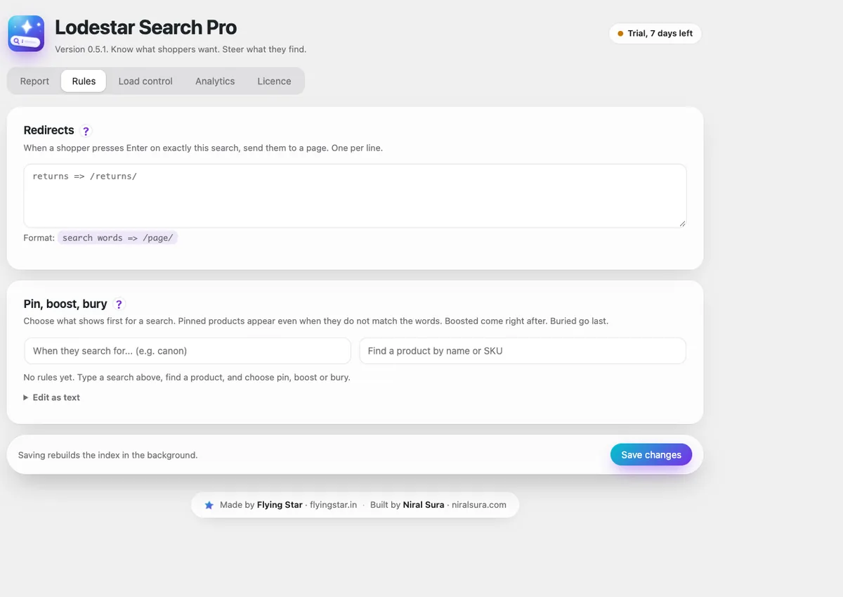 Lodestar Pro rules screen with search redirects and pin, boost, bury product controls